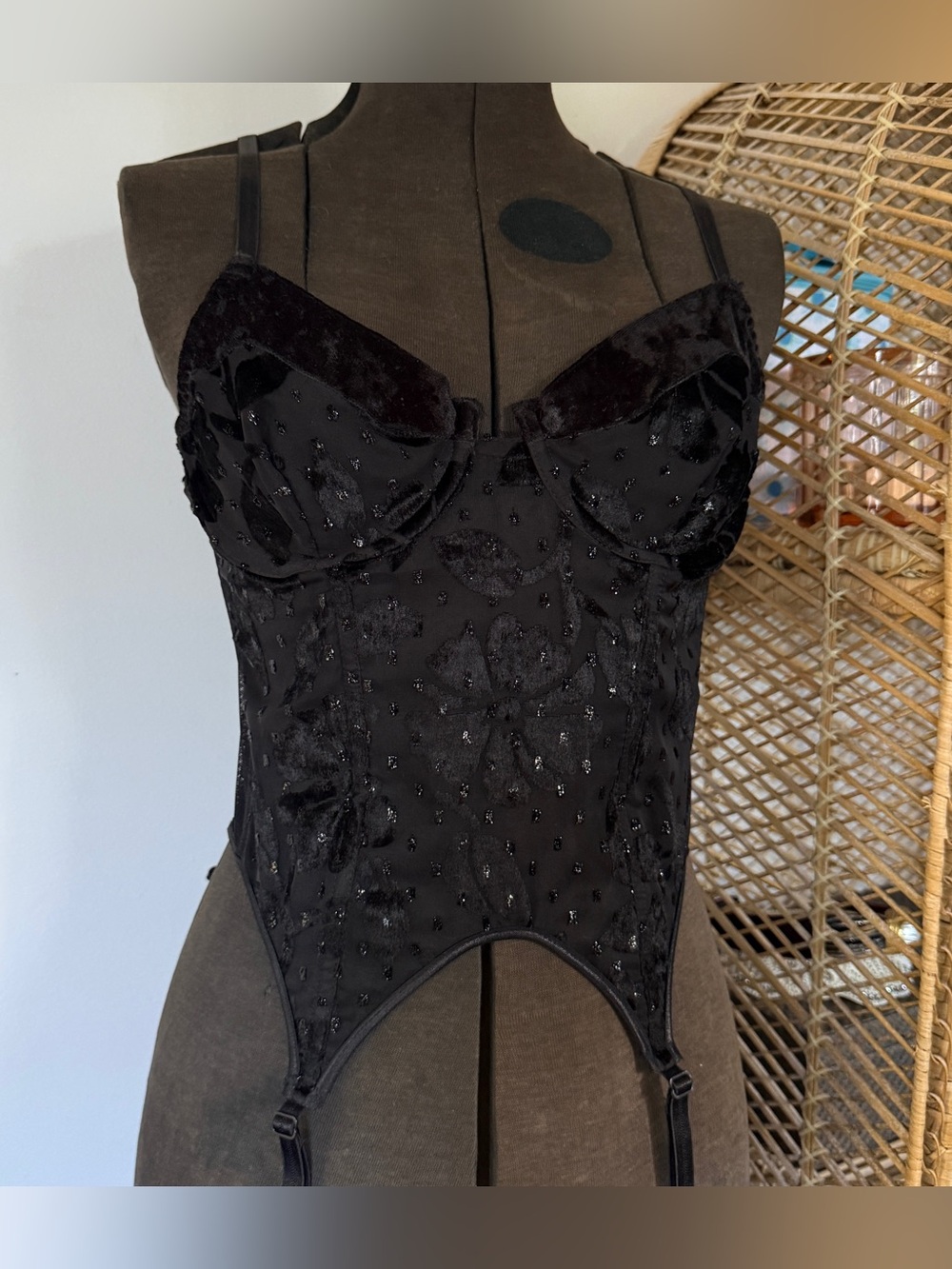 Vintage 90s Victoria’s Secret Gold Label Velvet Floral Sheer Bustier Corset Top